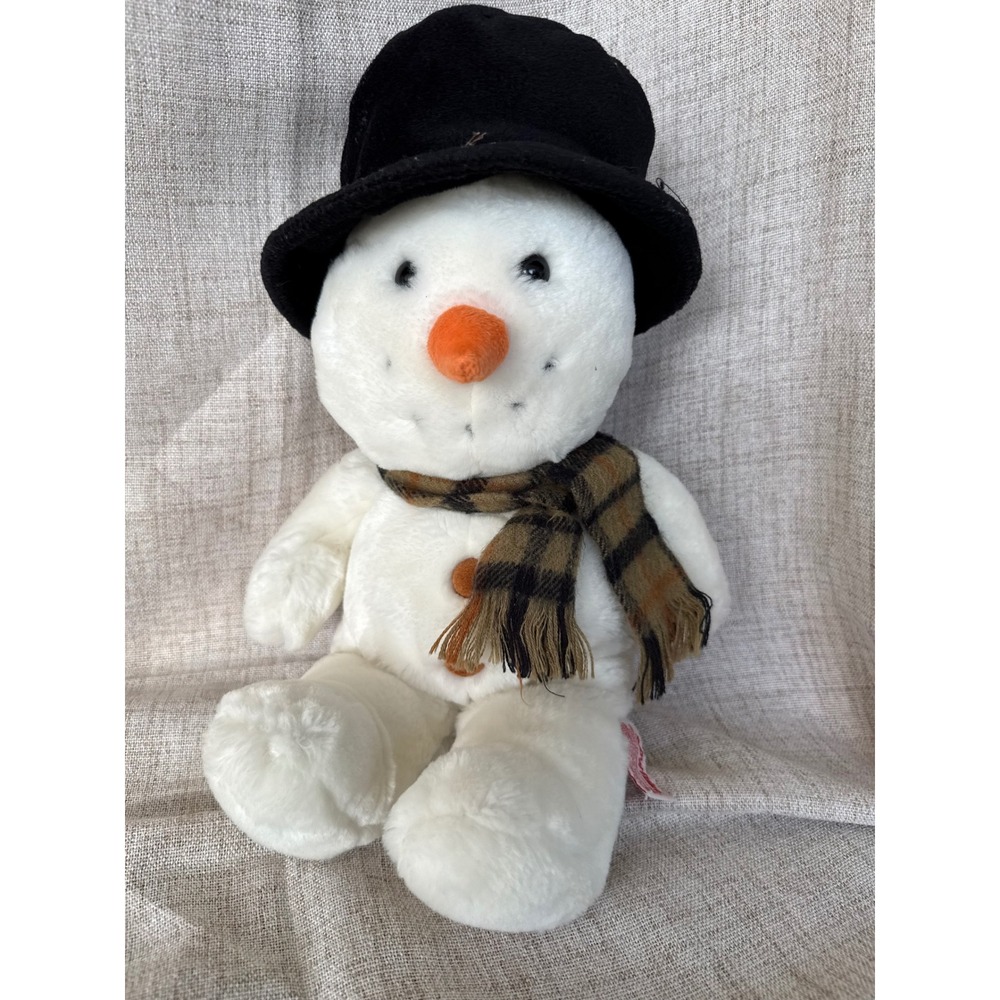 Russ Snowflake Snowman Plush Unisex 14" White Excellent Plaid Scarf Top Hat